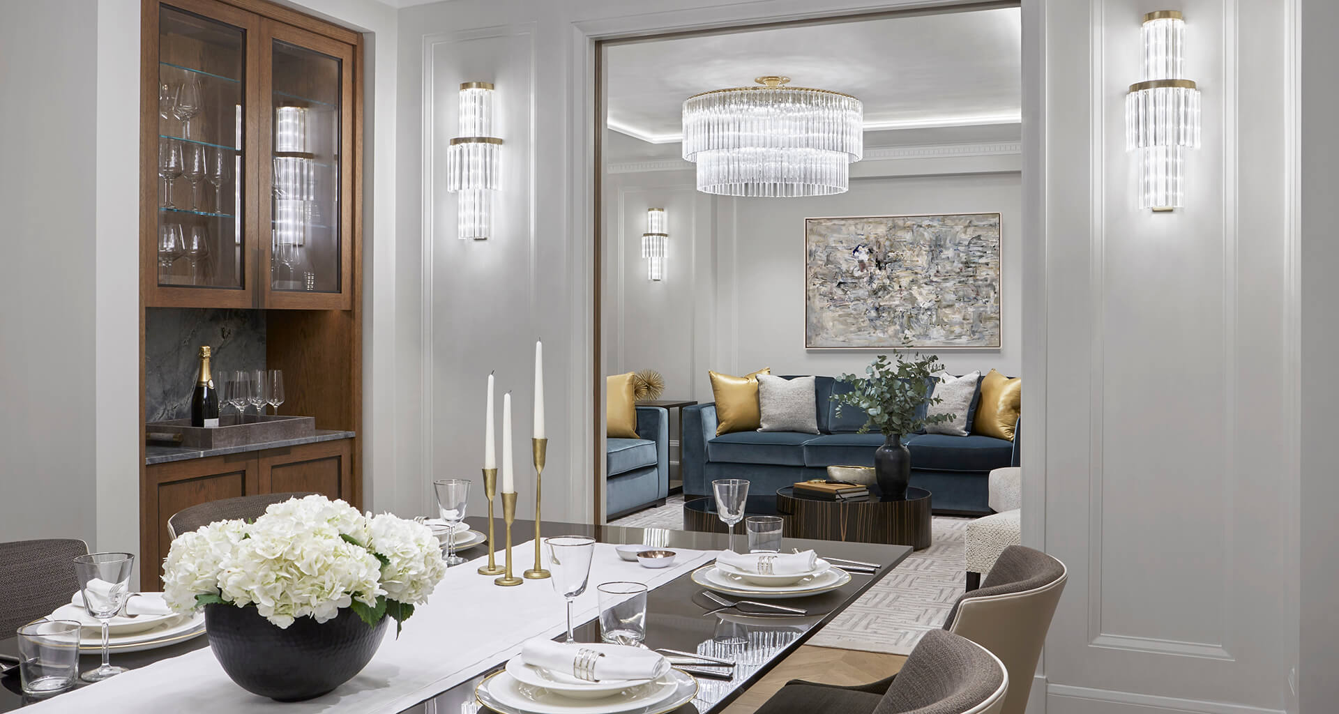 luxury London penthouse dining room with chandelier